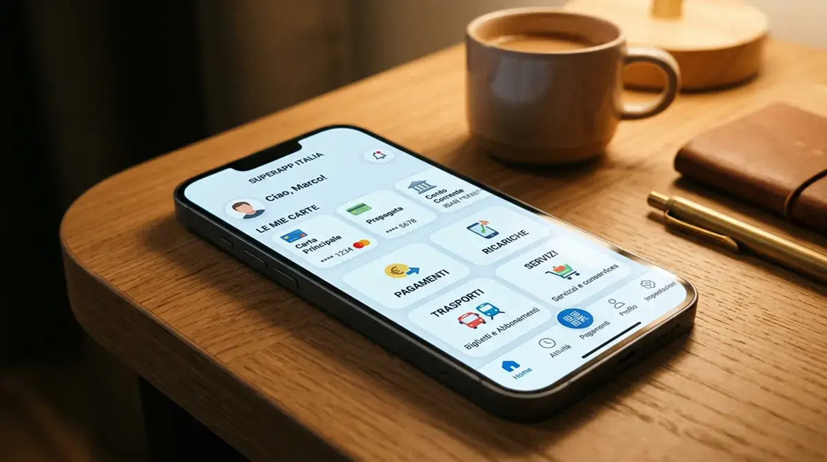 Schermata di smartphone con dashboard finanziaria che mostra diverse sezioni di una super app
