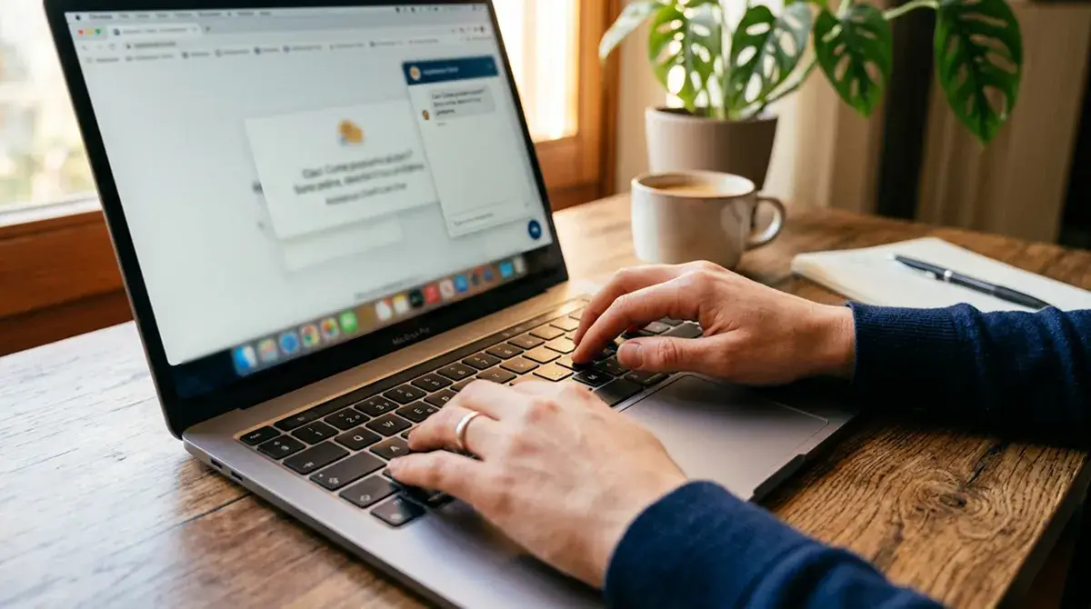 Mano che digita su tastiera di laptop davanti a una finestra di chat di assistenza clienti