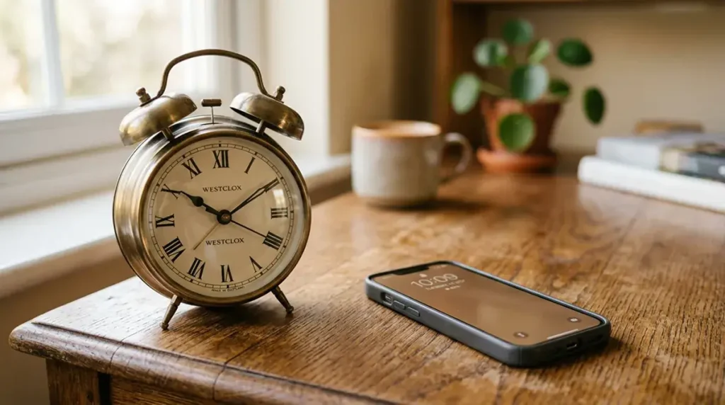 Orologio analogico vintage posato accanto a uno smartphone su scrivania in legno con luce calda