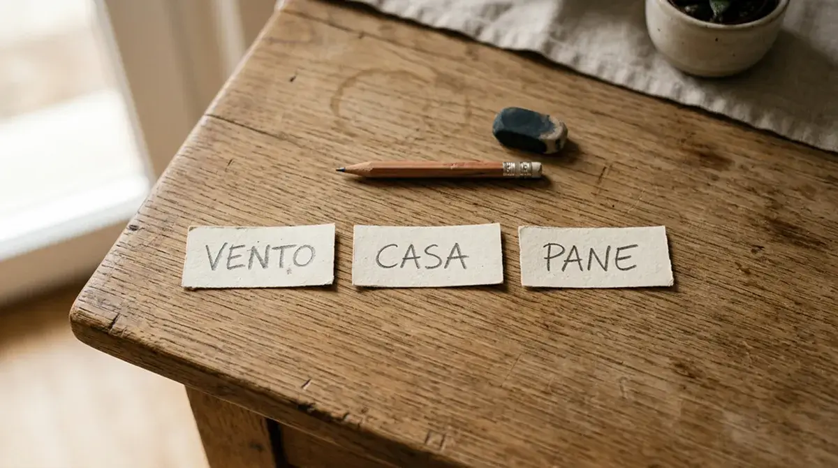 Tre piccole etichette di carta disposte in fila su un tavolo che indicano diverse tipologie