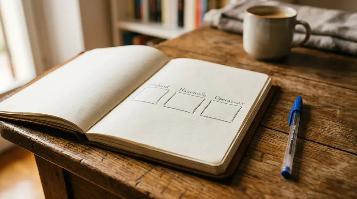 Notebook con diagramma a mano libera di tre concetti distinti accanto a una penna