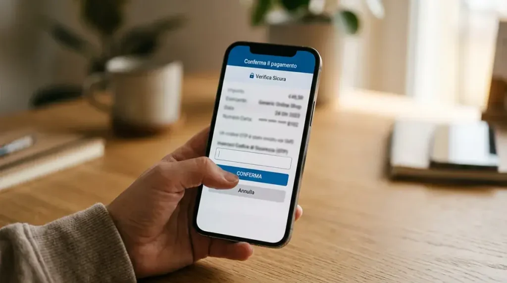 Smartphone con schermata di autenticazione di pagamento e icona di lucchetto digitale in primo piano