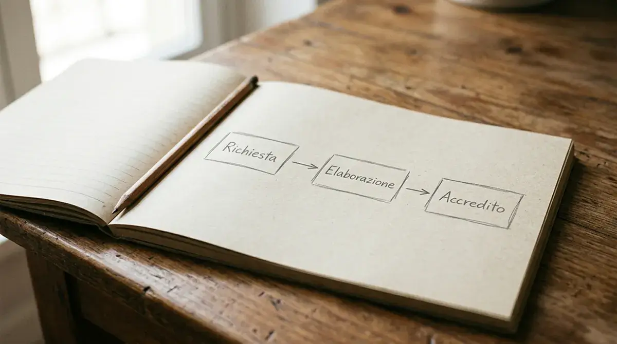 Quaderno con schema a mano libera di tre passaggi sequenziali in italiano su scrivania
