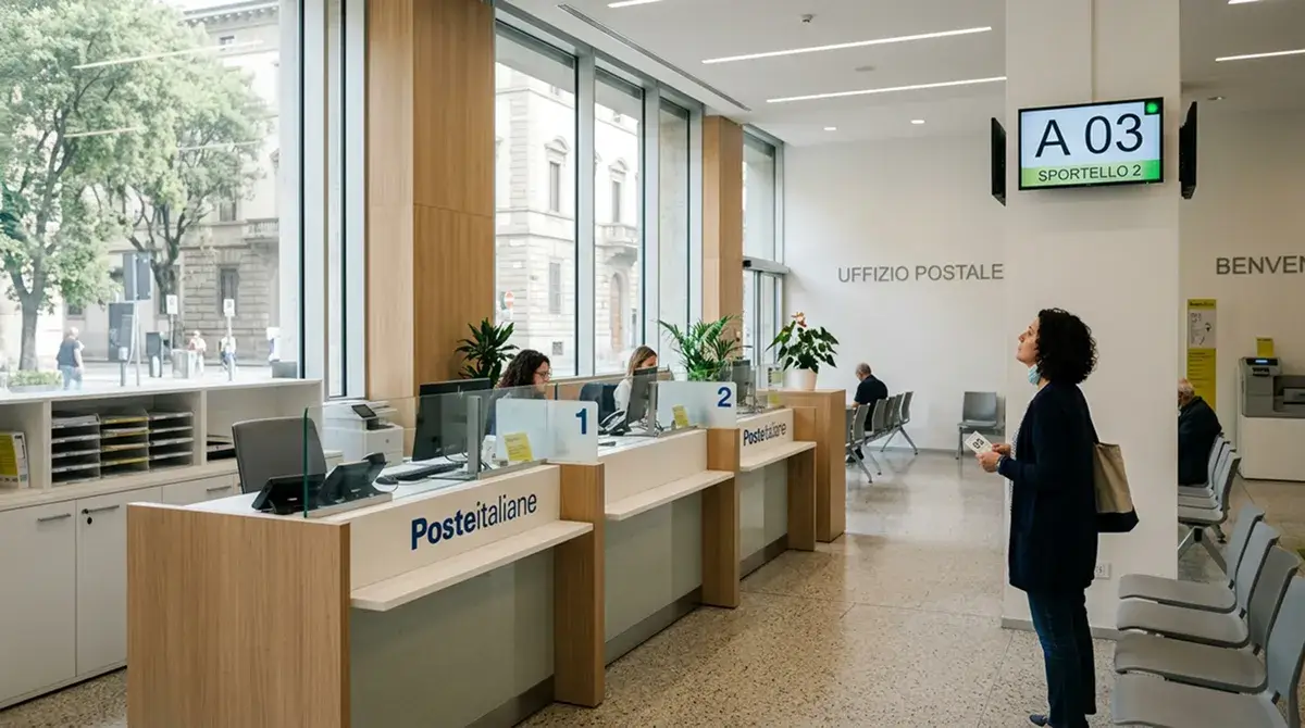 Interno luminoso di un ufficio postale italiano con sportello e cliente in attesa