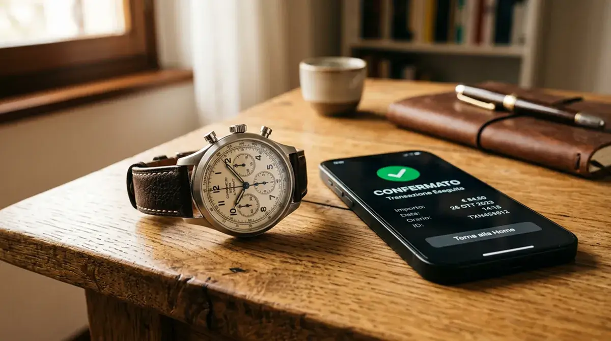 Cronografo da tavolo accanto a uno smartphone con schermo che mostra una conferma di pagamento