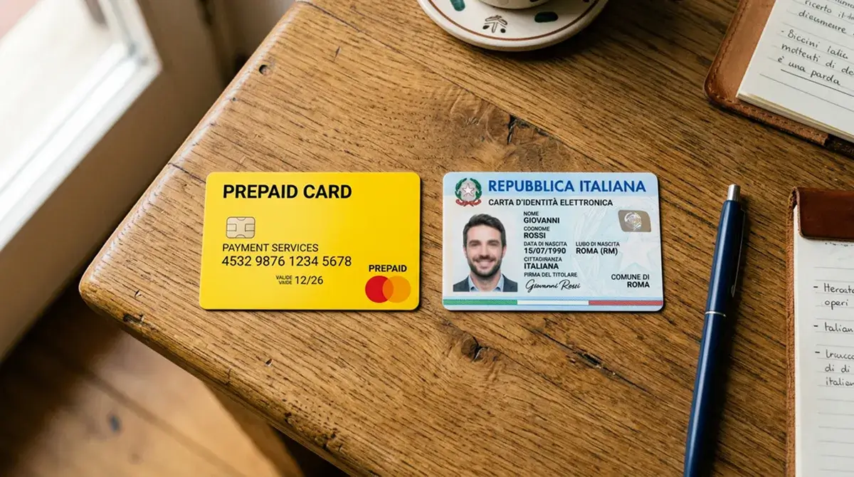 Generica carta prepagata gialla con accanto un documento di verifica generico cartaceo
