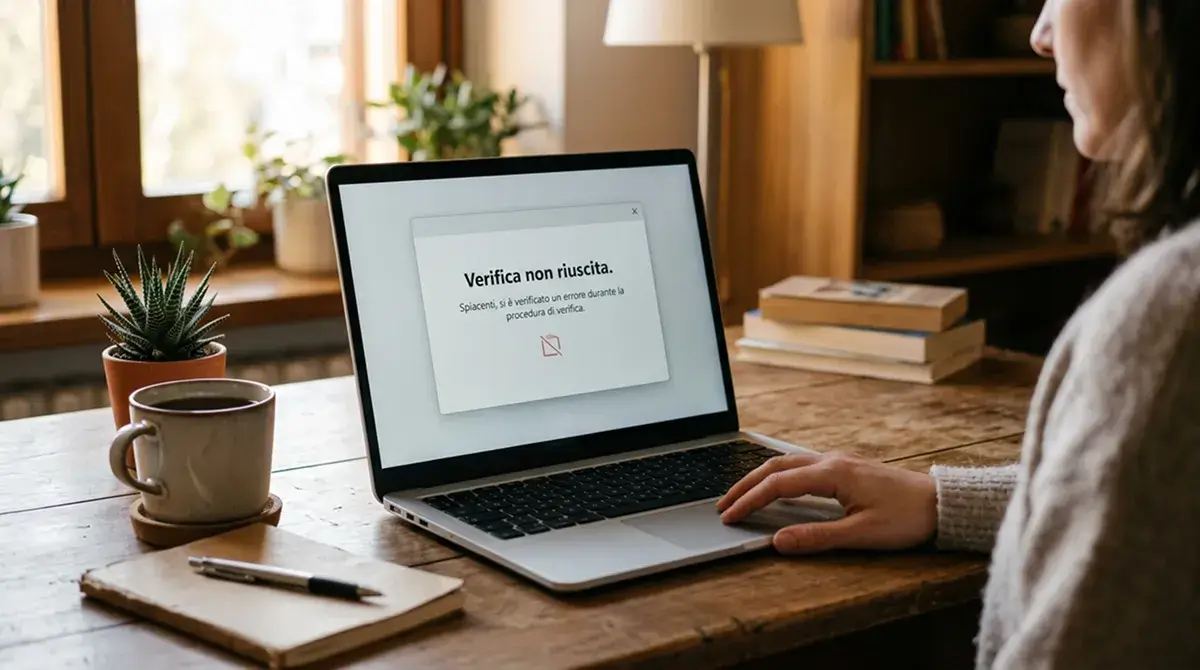 Schermata di laptop con messaggio generico di verifica non riuscita in italiano