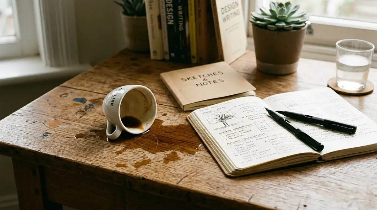 Tazza di caffè rovesciata simbolicamente accanto a un quaderno aperto su scrivania