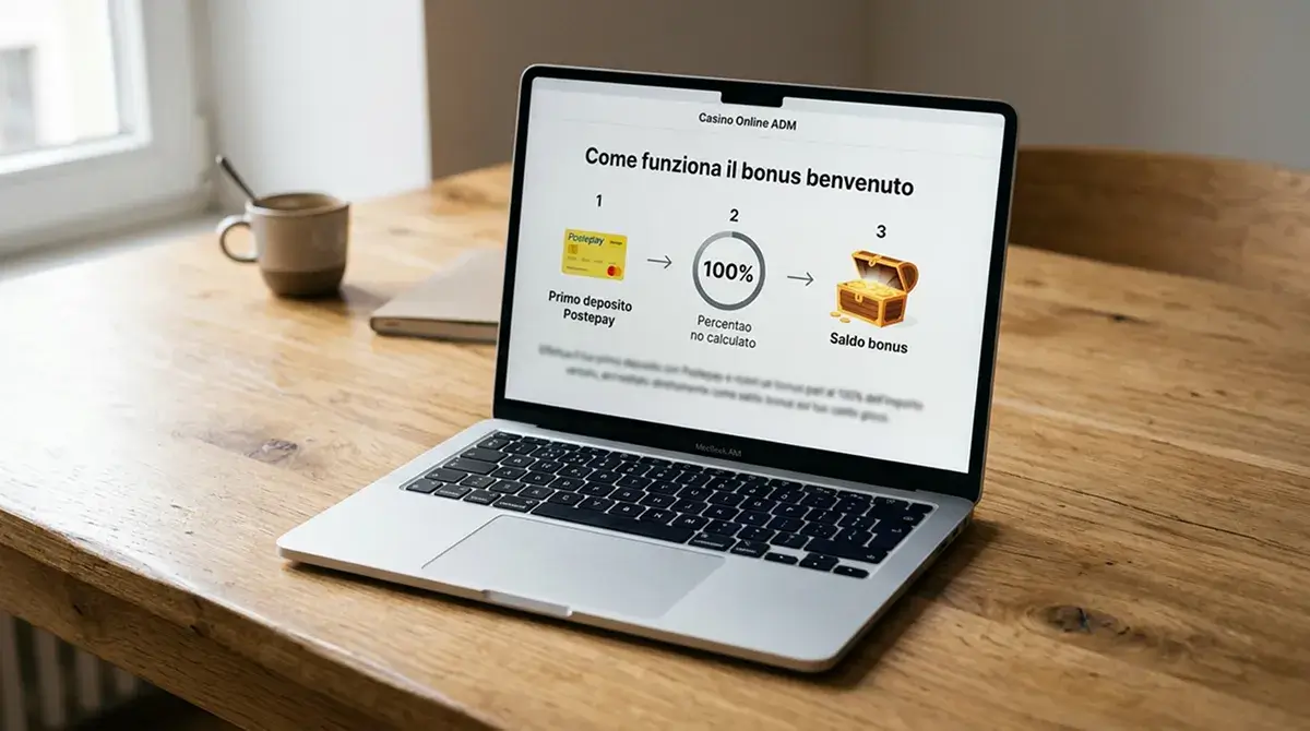 Visualizzazione della struttura di un bonus benvenuto con match percentuale sul primo deposito Postepay