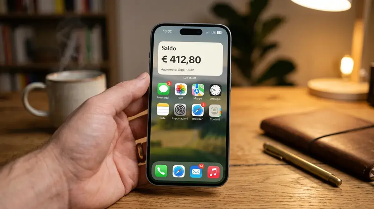 Schermata home di smartphone con un piccolo widget cartaceo di saldo generico in primo piano